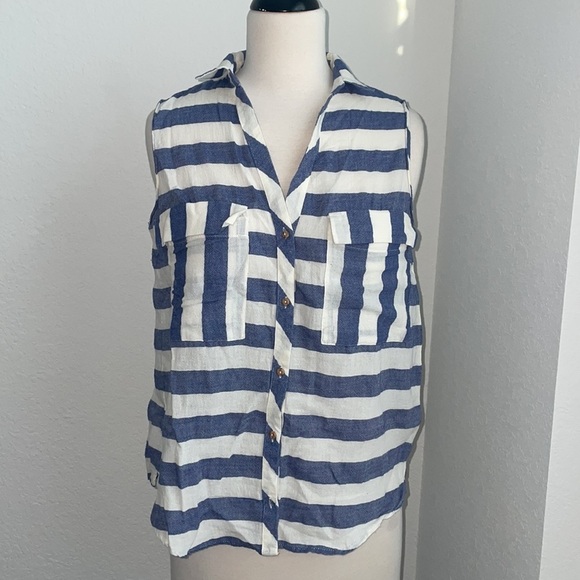 ZARA BASIC striped blue and white v neck button down tank top in sz small - Picture 2 of 9